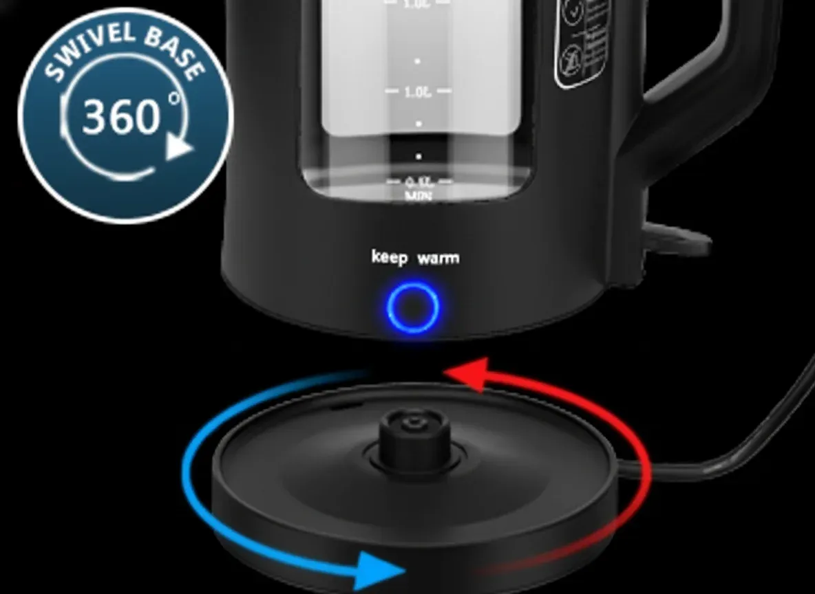 Detailed dimensions and space-saving measurements of a 1 litre kettle.
