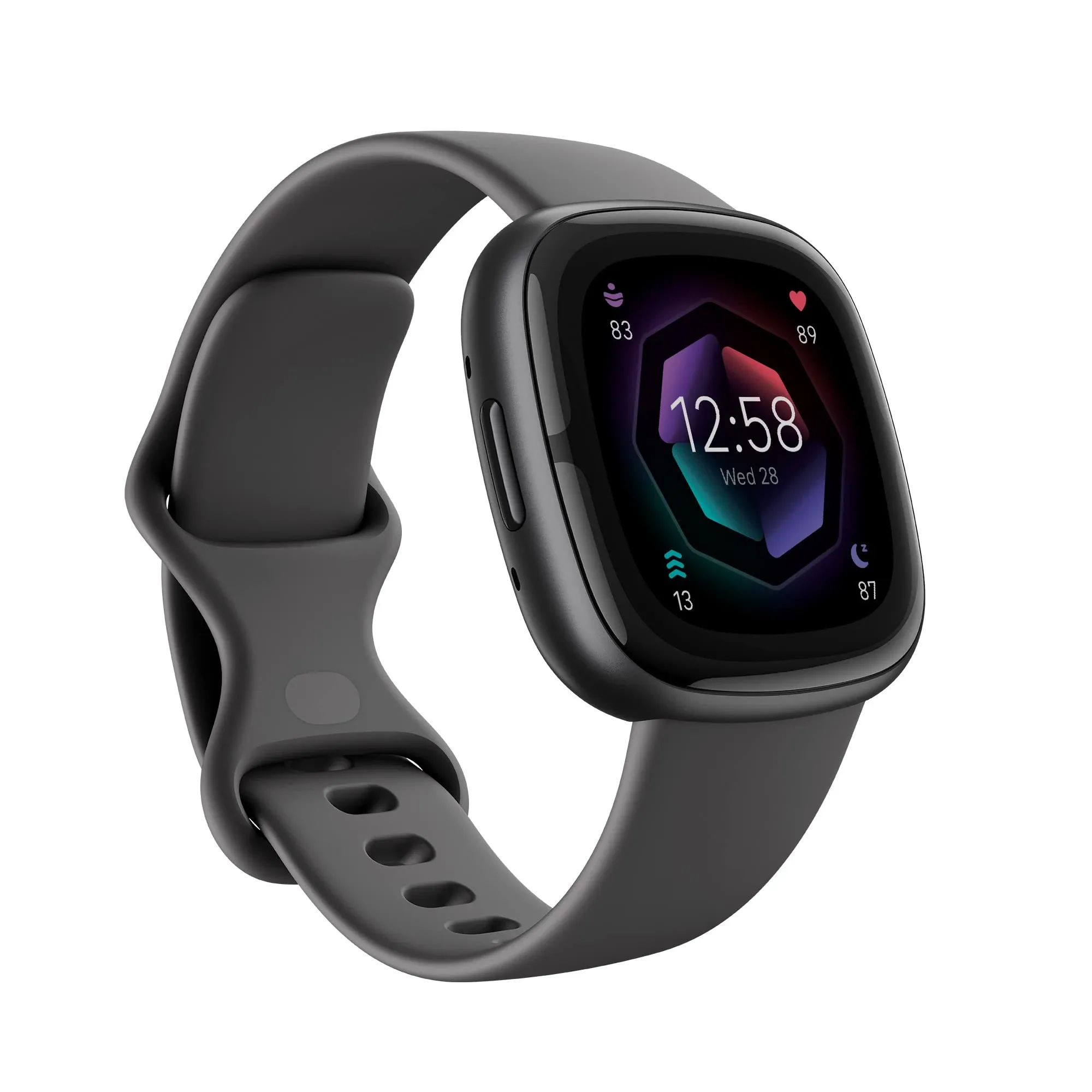Black Fitbit Sense 2 smartwatch with grey silicone band shown on a white background, angled to display the square screen and health tracking watch face.