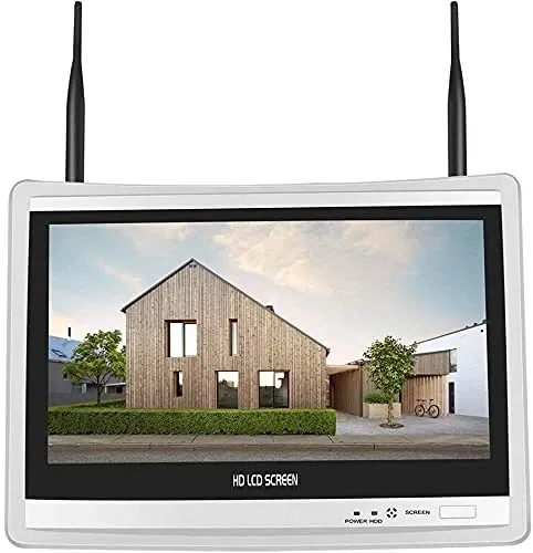 Silver 10-inch HD LCD security monitor with dual WiFi antennas showing a modern house exterior on the screen.
