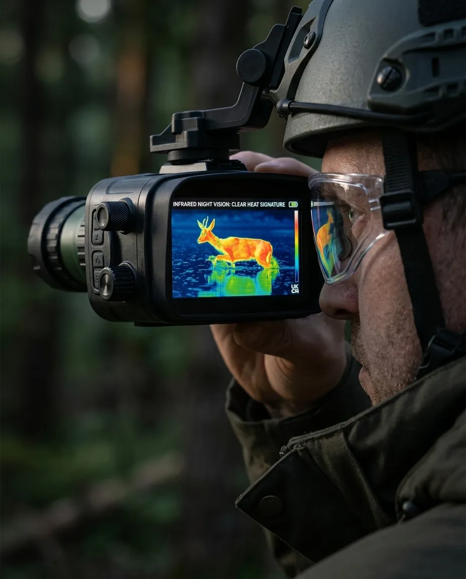 Close up of night vision binoculars being used in the field