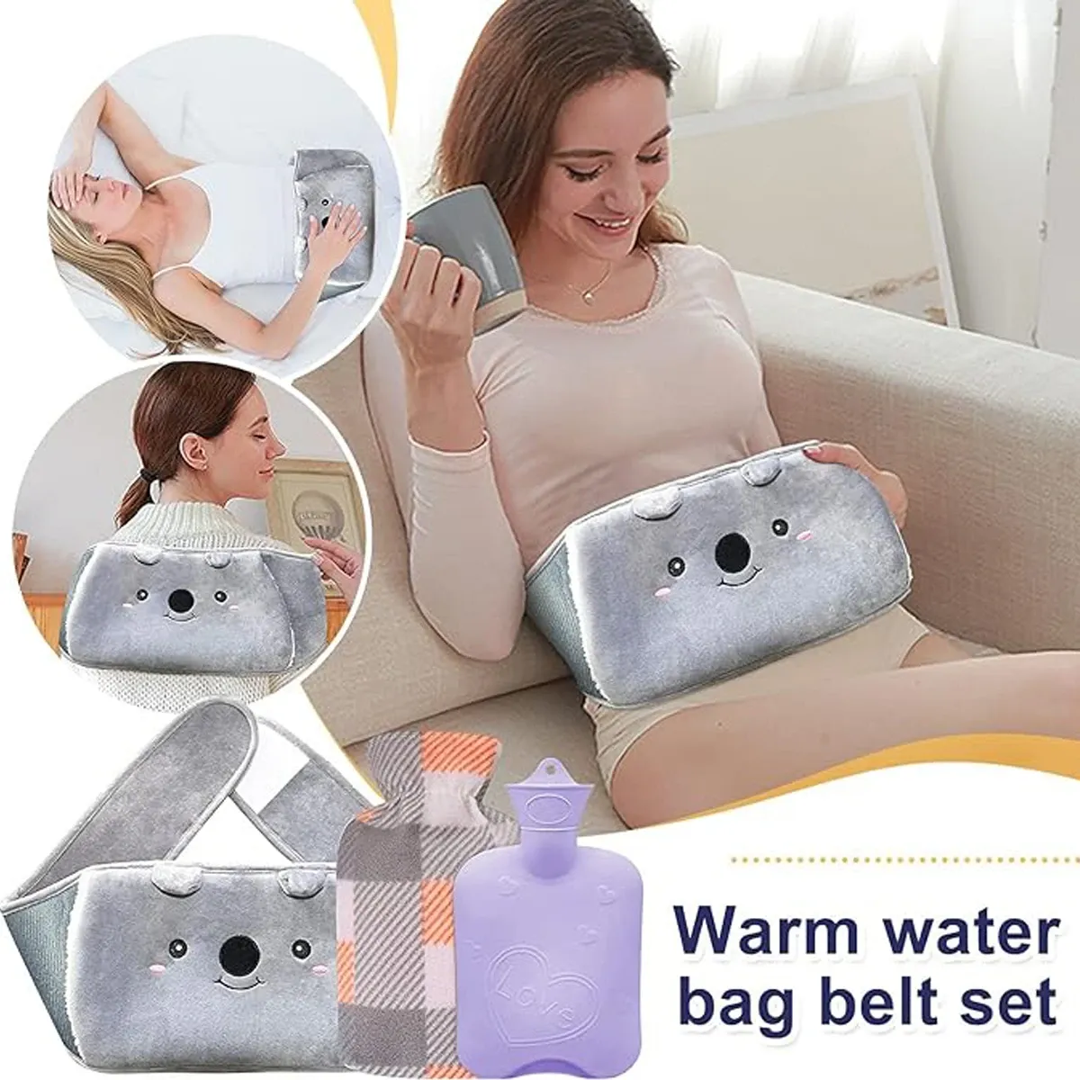 Grey plush wearable hot water bottle belt shown being worn around the waist and as a soft pouch-style belt, with inset views of the belt worn on the stomach and back and the product shown folded flat.