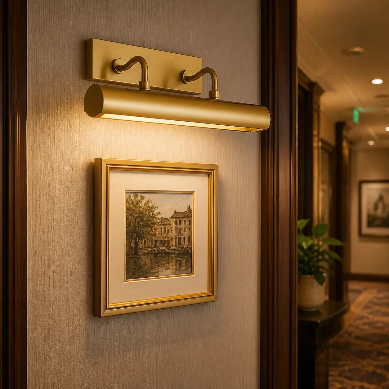 Brushed brass hardwired picture light mounted above a framed artwork in a warm neutral hallway interior, casting a soft gallery-style glow.