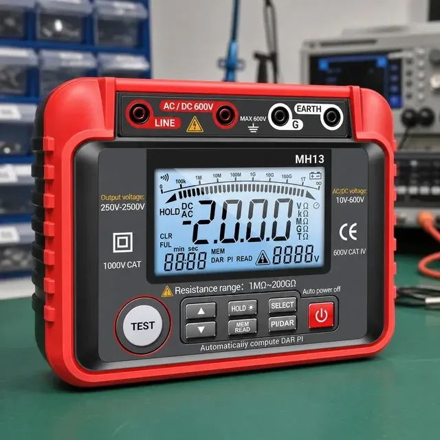 Front-facing digital insulation resistance tester with red rugged casing, large LCD display, test button, input terminals and range markings, shown on a workshop bench with blurred lab equipment in the background.