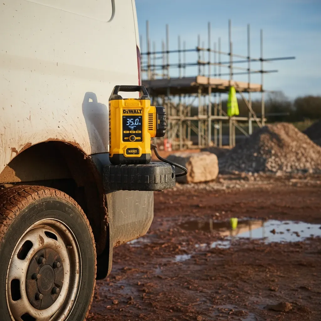 Real-world performance testing of a portable tyre inflator in outdoor conditions.