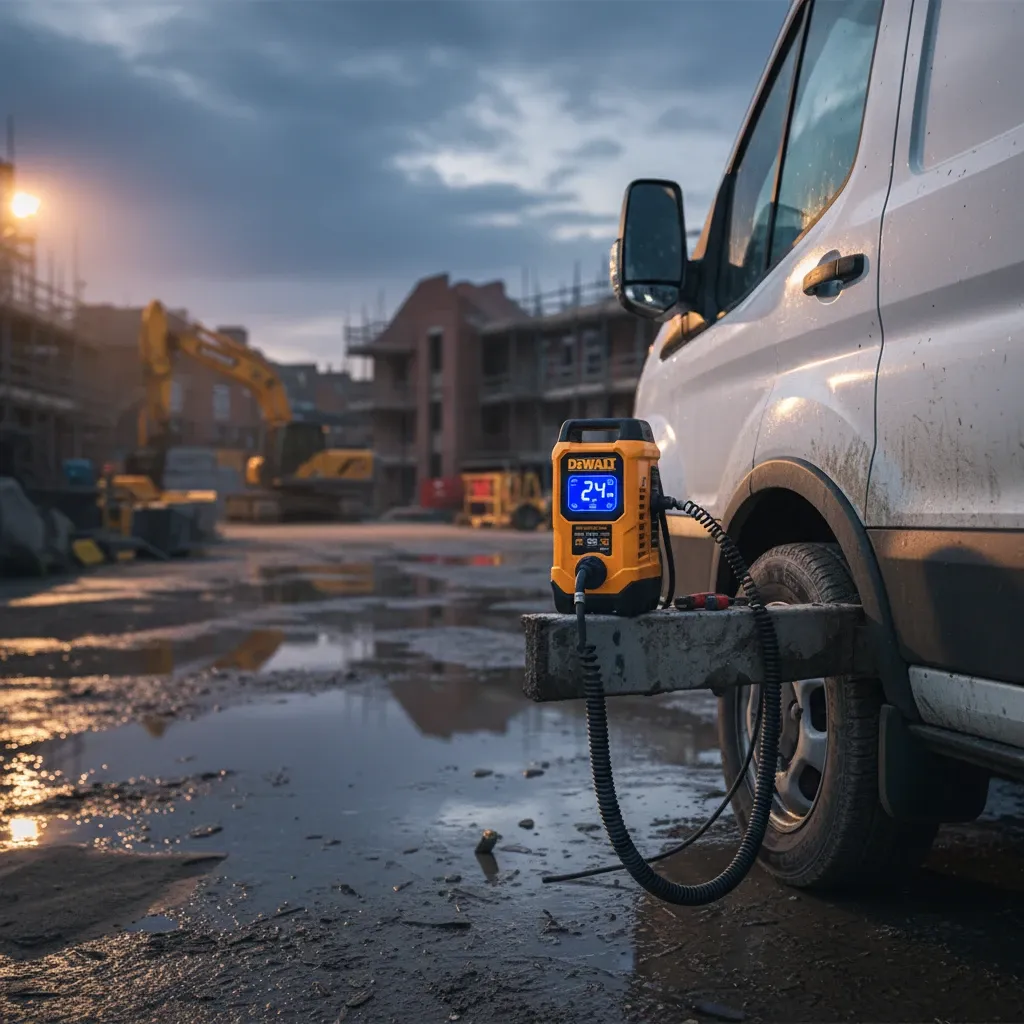 A driver checking tyre pressure with a portable compressor on a UK road.