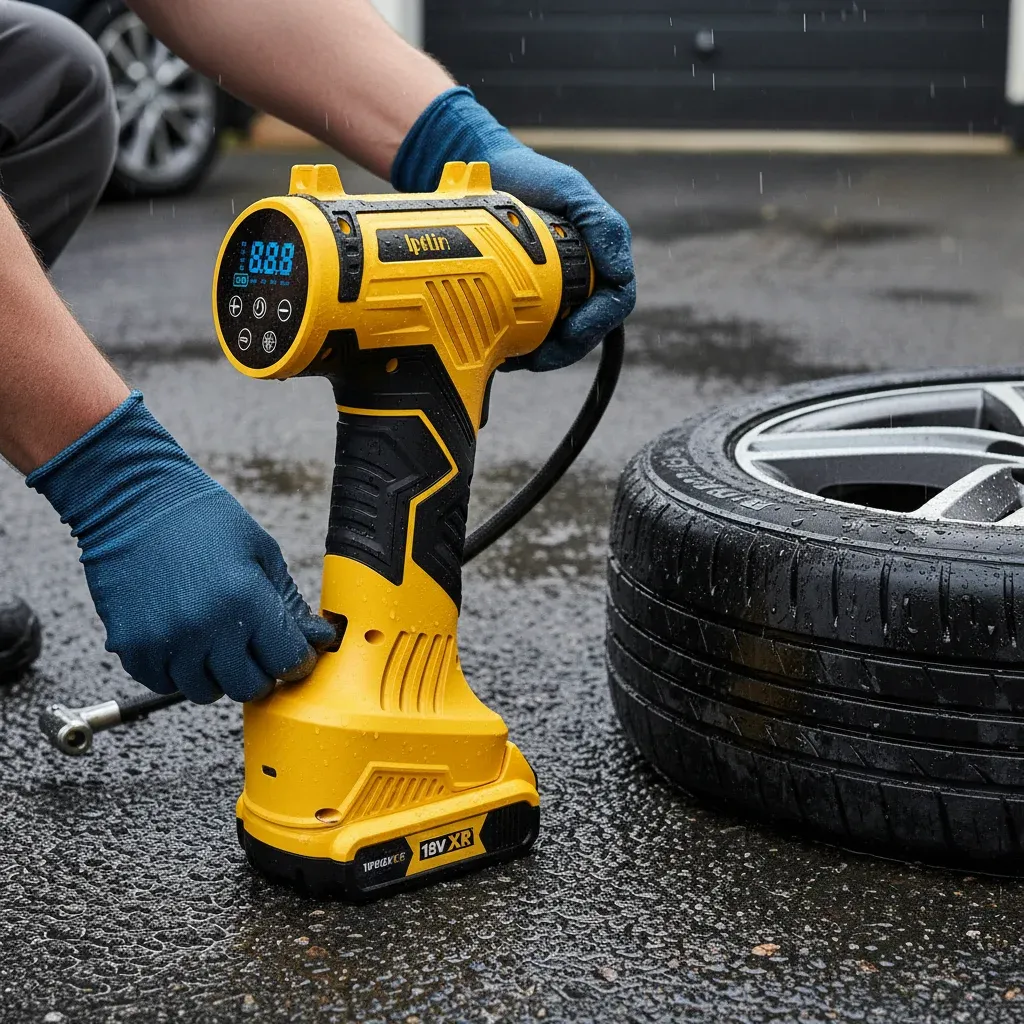 Close-up of a modern compressed air device for automotive maintenance.
