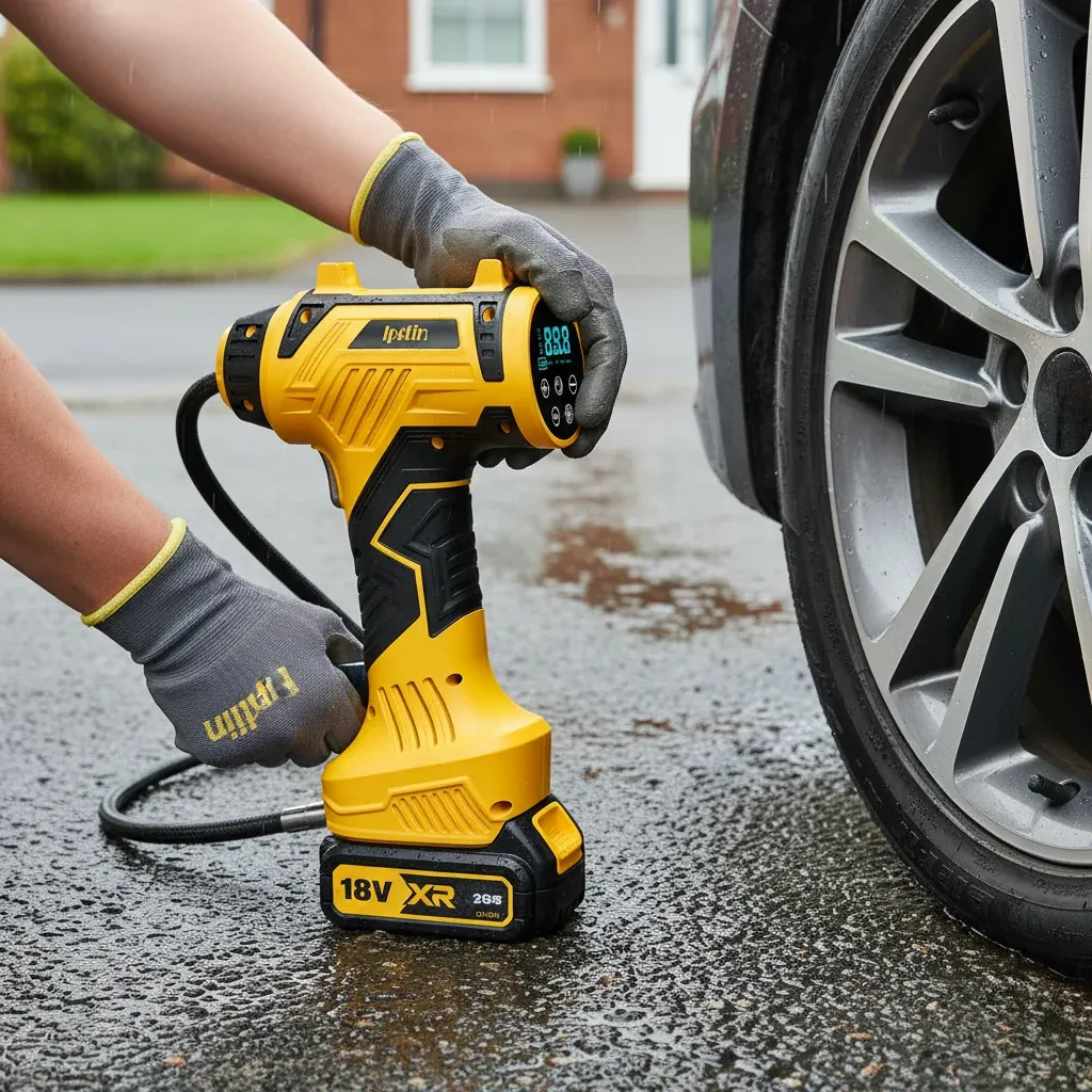 Durable portable tyre inflator designed for outdoor use in UK weather.