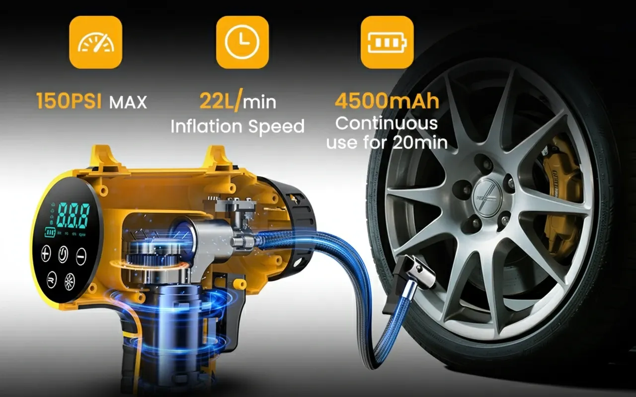 Portable air compressor unit showing compact design for various vehicle types.