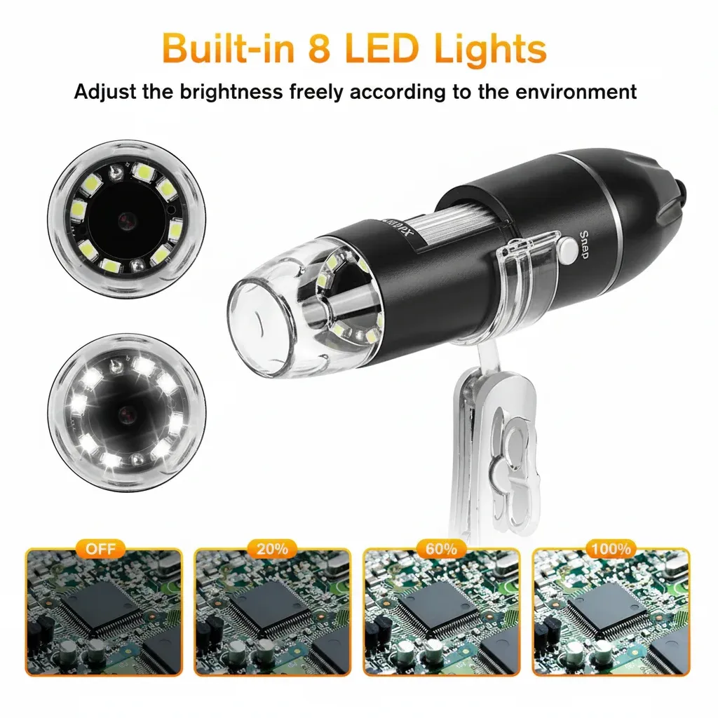 Technical specifications and features infographic for digital microscope USB