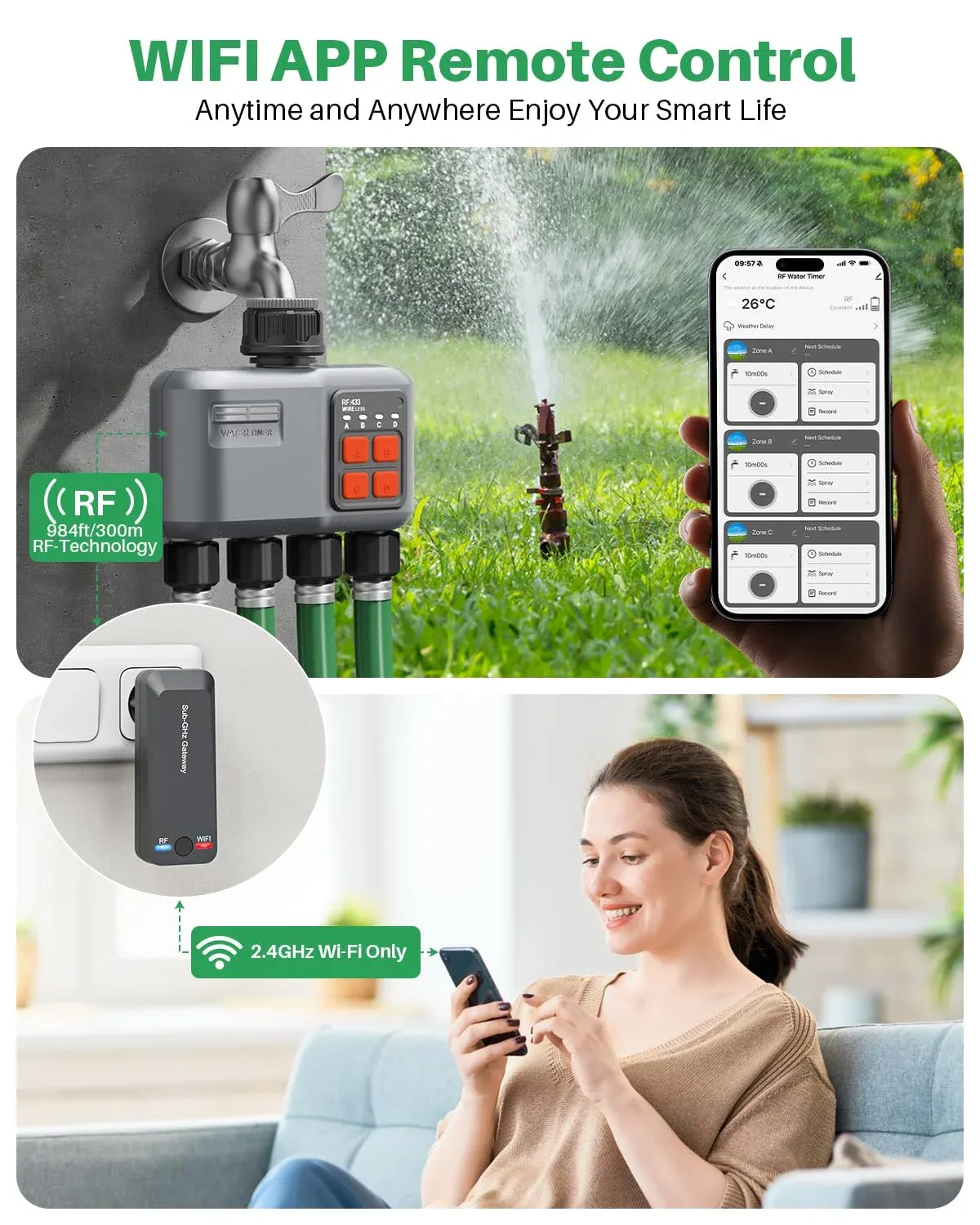 Infographic showing technical specifications and smart features of the Johgee water timer