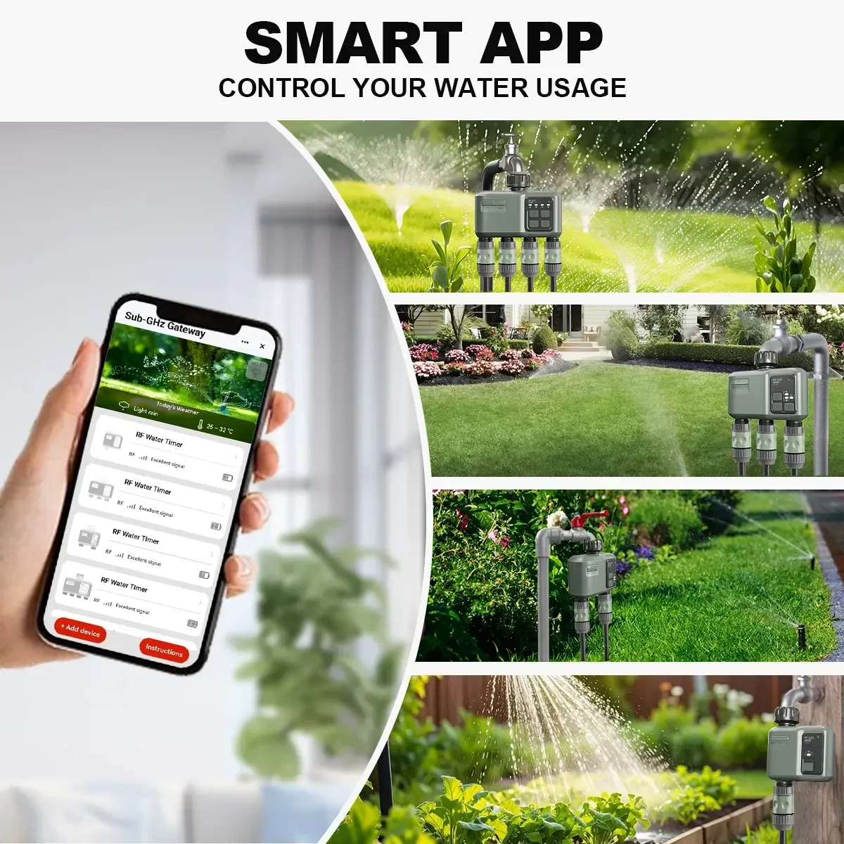 Montage promotionnel d’un programmateur d’arrosage connecté avec application smartphone affichant le contrôle de plusieurs zones, présenté dans différents jardins verts avec arrosage automatique et système extérieur installé sur tuyauterie.