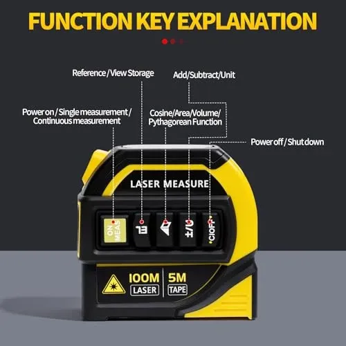 Compact yellow-and-black laser measure with tape function shown front-on against a dark background, with labels explaining the function keys and a readable display area.