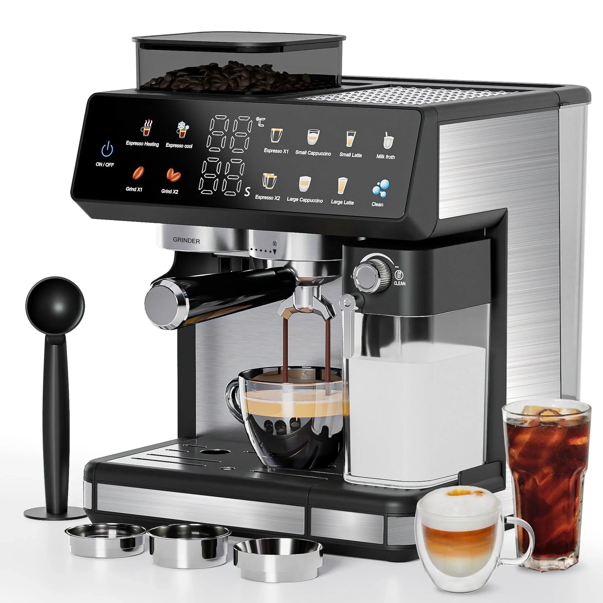 Compact black and silver bean-to-cup coffee machine on a white background, shown brewing espresso with a cappuccino and iced coffee beside it, plus accessories in front.