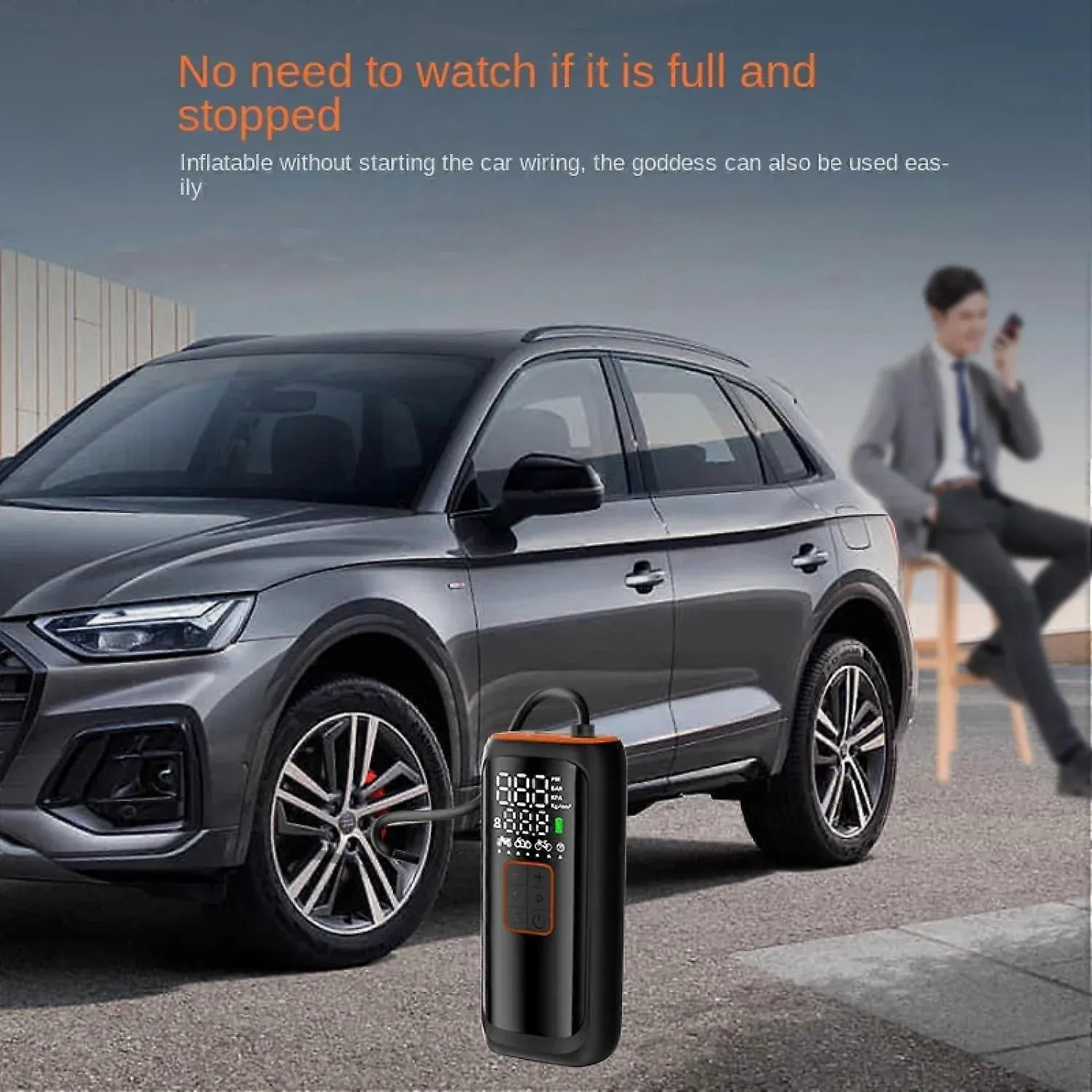 Promotional lifestyle image highlighting the necessity of a portable tyre inflator for UK drivers.