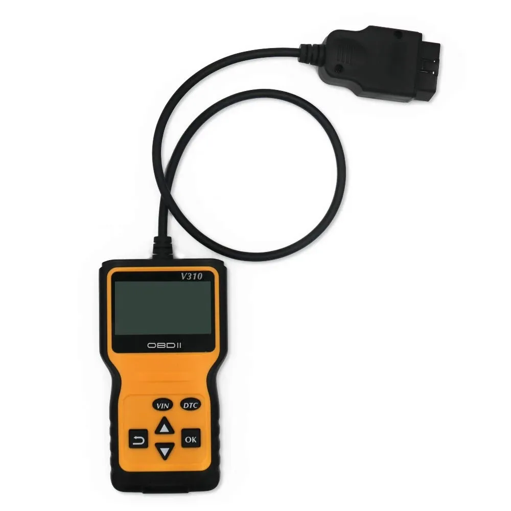 V310 OBDII car diagnostic code reader with cable and 16-pin OBD2 connector on a white background