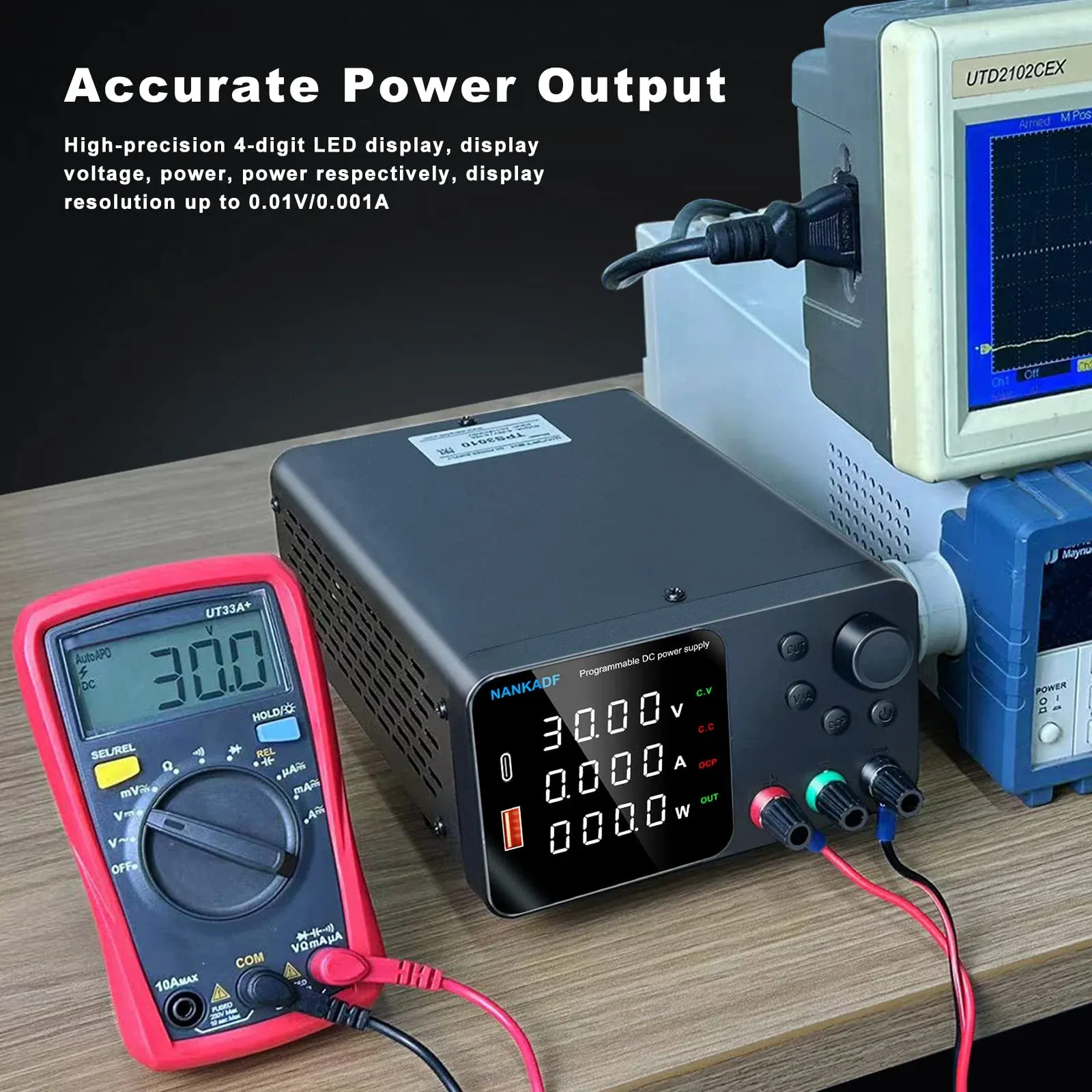 Technician using a DC power supply on a workbench for circuit testing.