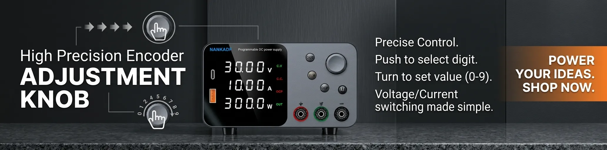 Modern electronics workshop setup featuring high-precision power supplies.