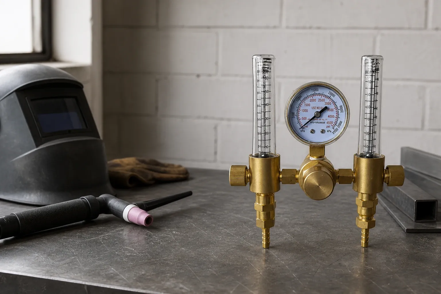 Professional brass dual-line argon regulator with two clear acrylic flowmeter tubes, dual pressure gauge, independent adjustment valves and barbed gas outlets, standing on a workshop bench beside TIG welding equipment and a welding helmet.