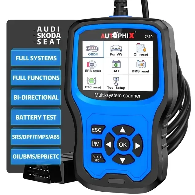 Autophix 7610 VAG diagnostic scanner shown front-on with blue-and-black casing, color screen, cable, and feature callouts for Audi, Skoda, Seat, VW systems, including full system scans, bi-directional control, battery test, and service resets.