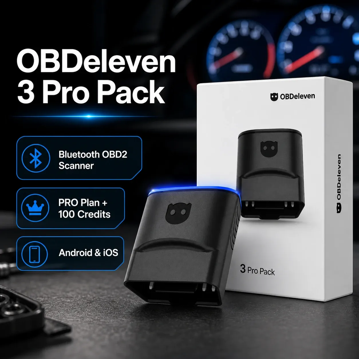 Premium Bluetooth OBD2 scanner with app-led diagnostics, live data, and brand-specific coding, displayed with packaging against a dark automotive background.