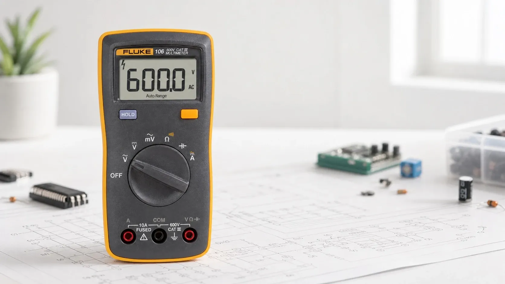 Fluke 106 compact digital multimeter standing on an electronics workbench with circuit board and components in the background