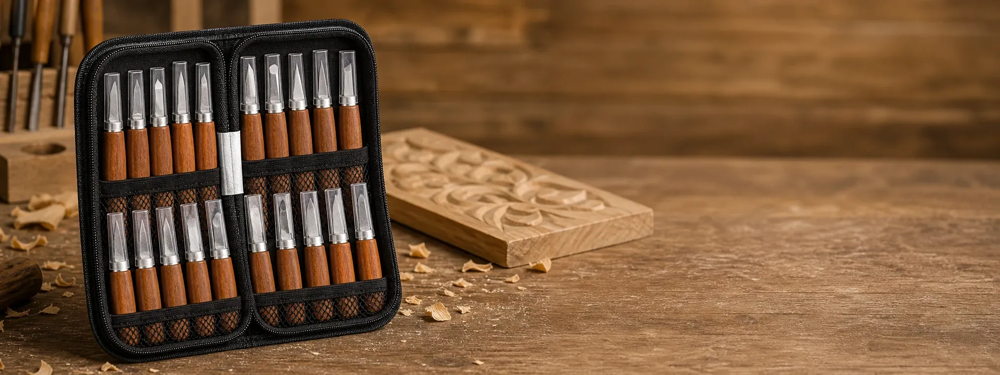 Set of 18 wood carving chisels with wooden handles neatly arranged in a black zippered fabric case, placed on a wooden workbench with wood shavings and a carved wooden panel in the background