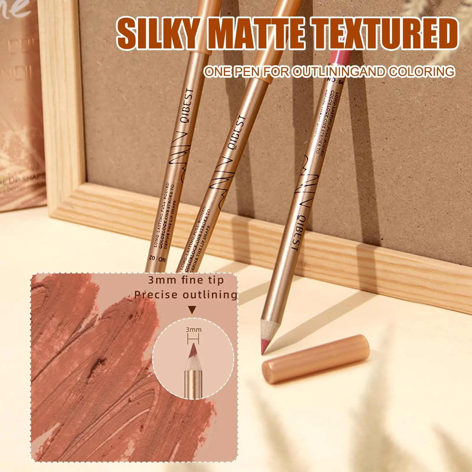 Three matte lip liner pencils in a warm nude tone displayed upright on a clean beige surface, with close-up text highlighting a 3mm fine tip and precise outlining; a sample swatch shows the lip colour finish.