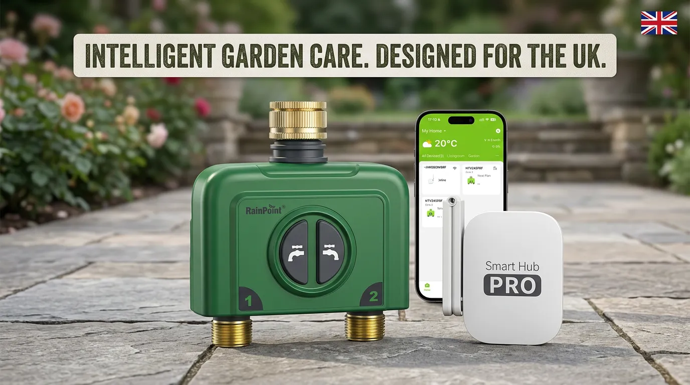 Vibrant garden flowers being watered by an automated system.