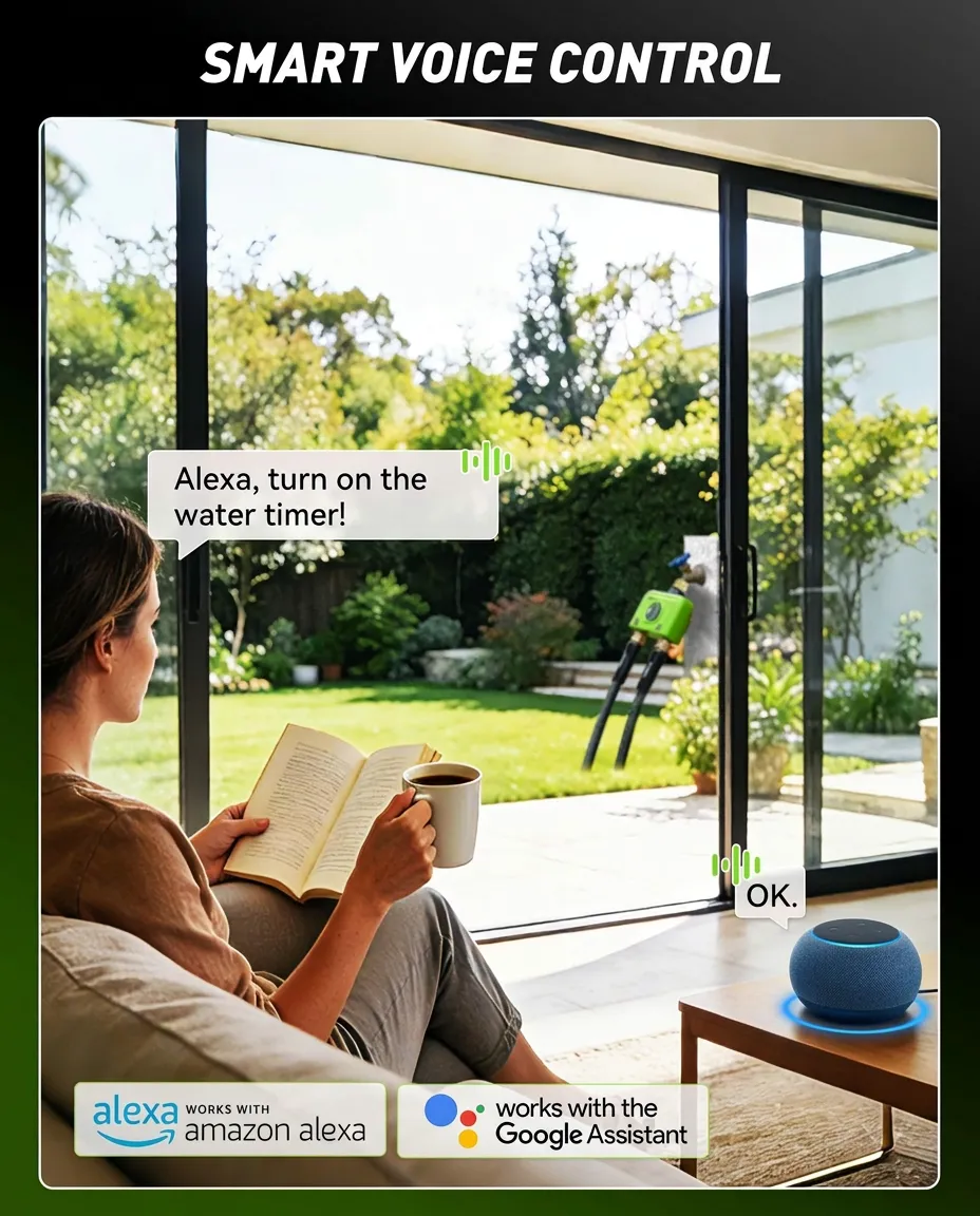 A smart Wi-Fi water timer being used to manage garden irrigation efficiently.
