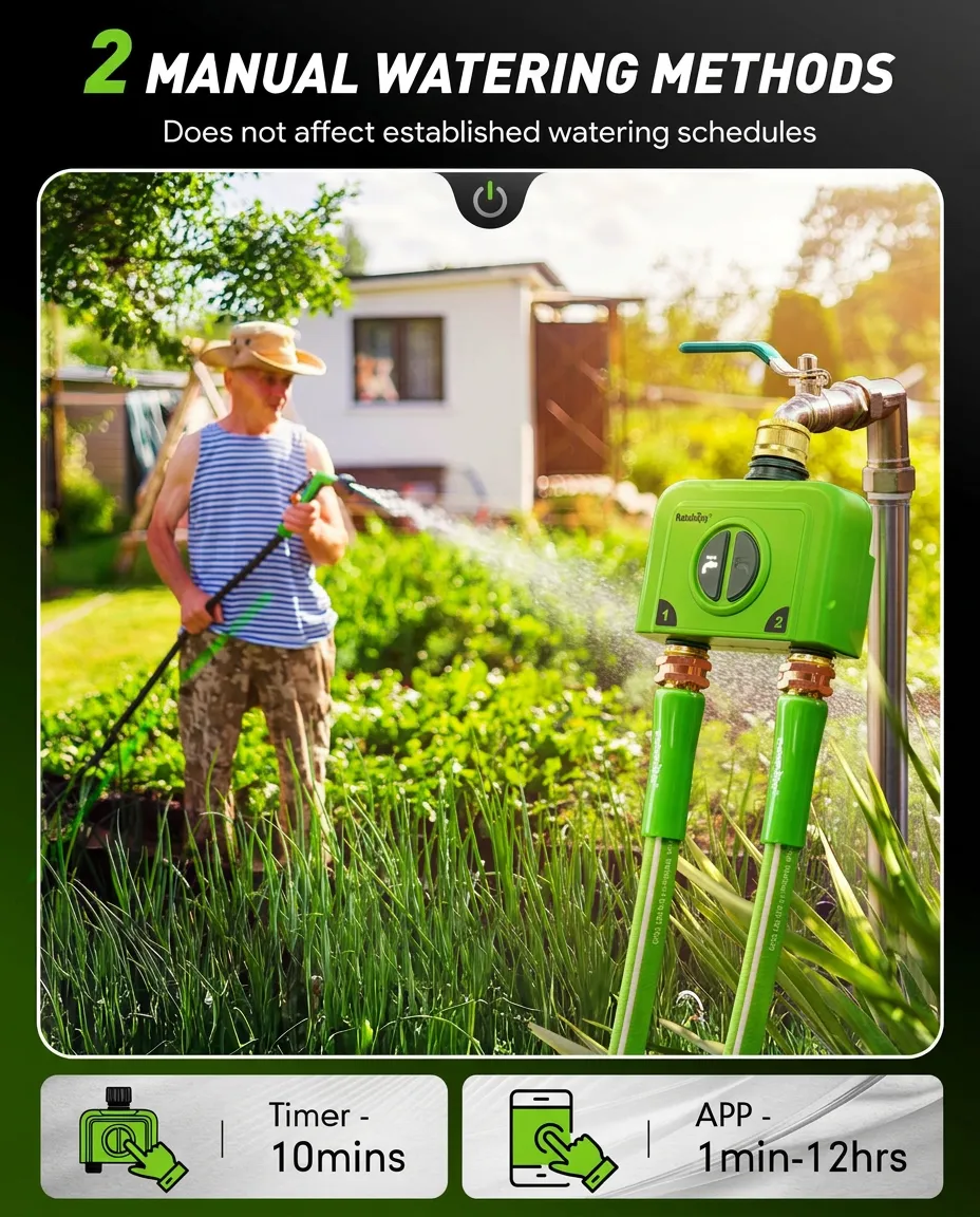 Modern smart garden irrigation controller in a garden setting