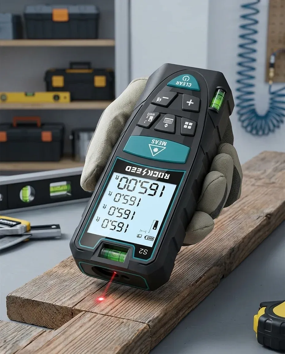 Close-up of a laser measure device showing digital display