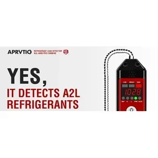Promotional graphic showing a rechargeable refrigerant leak detector beside bold text stating it detects A2L refrigerants, with an industrial-style black and red device on a light background.
