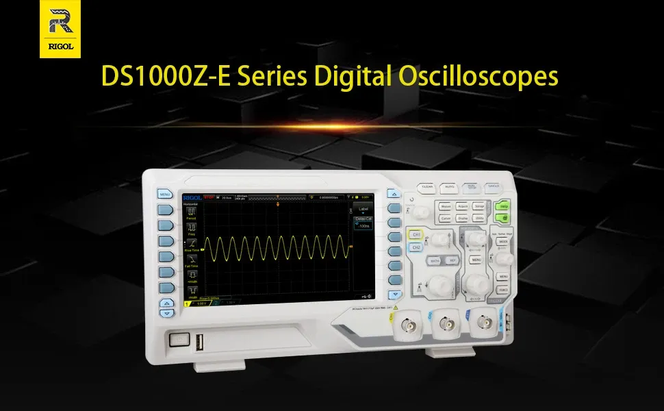 Rigol DS1000Z-E series digital oscilloscope shown front-on with waveform display and physical control knobs, on a dark technical background.