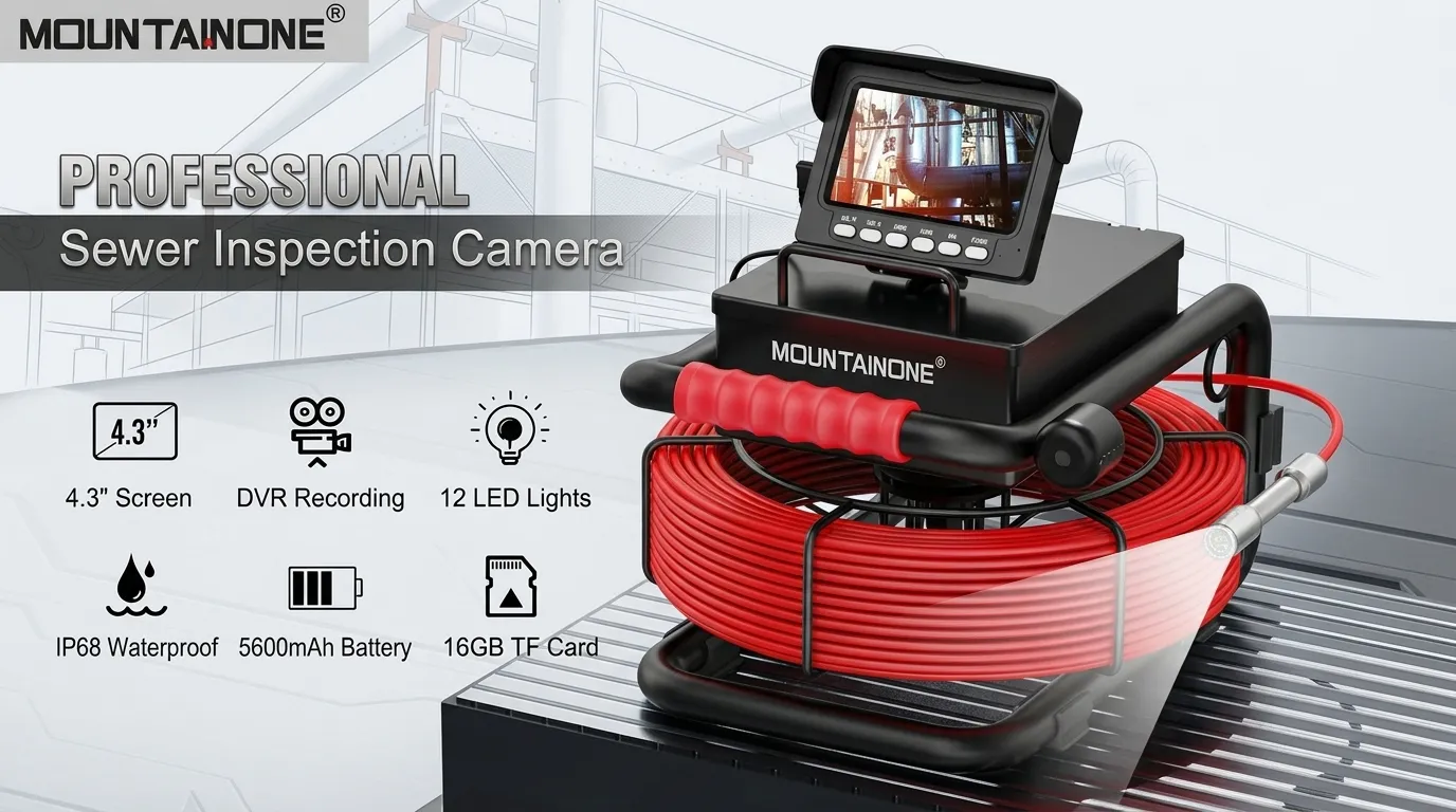 Close-up of industrial inspection camera showing key technical specifications and durable build.