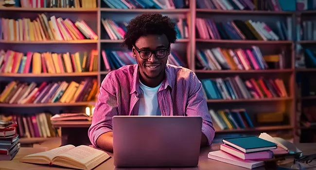 Person using a laptop at a desk in a book-lined room with books and notebooks around them.
