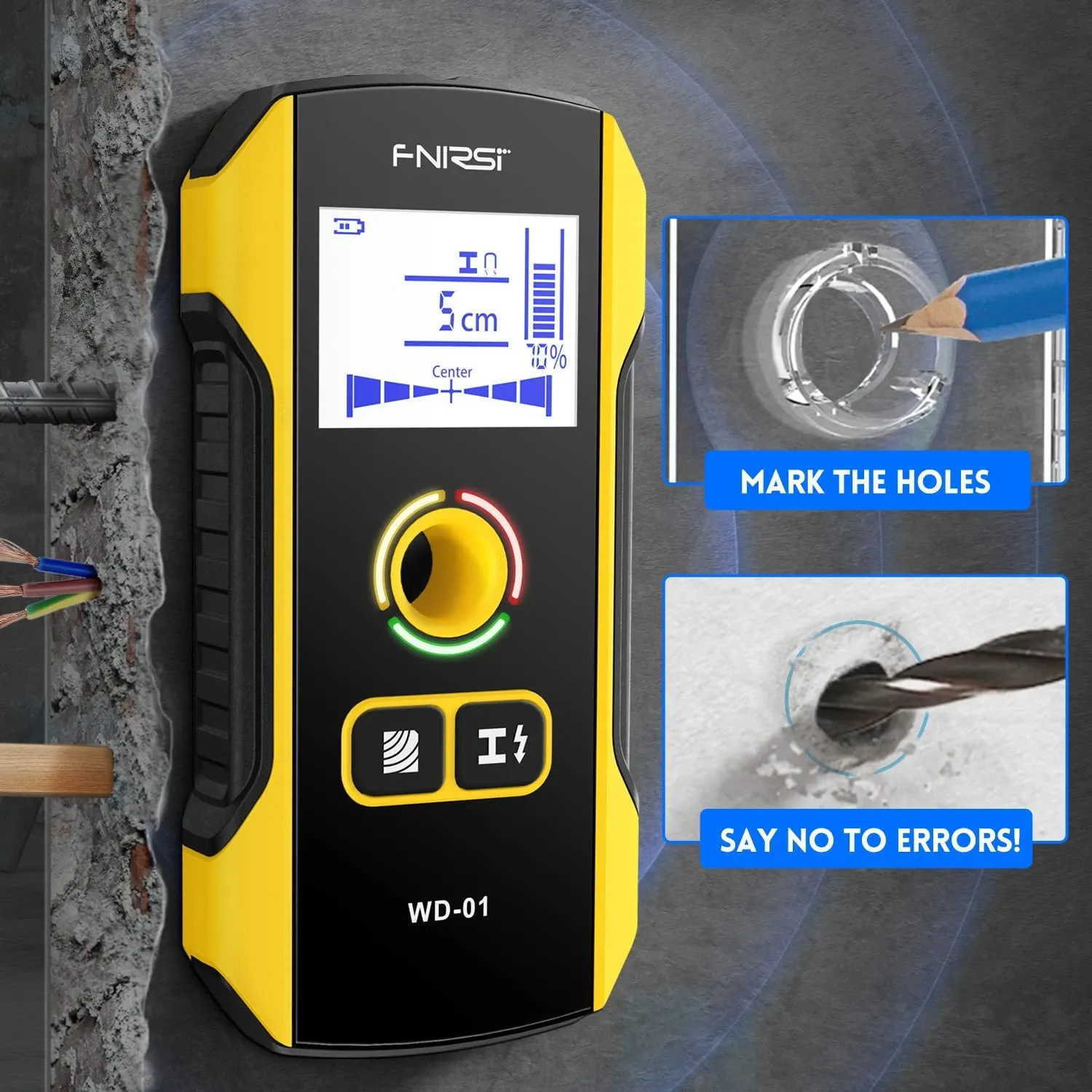 Yellow and black handheld wall detector with digital display, shown beside cutaway wall graphics and drilling mark instructions, illustrating pre-drilling safety and finding hidden wires or pipes.