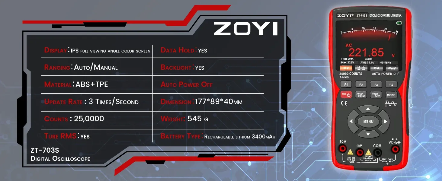 ZOYI ZT-703S handheld digital oscilloscope multimeter shown with feature list and front view of the red-and-black device on a technical circuit-style background.