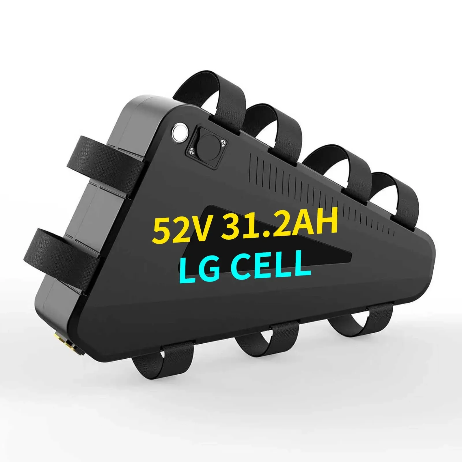 A sleek black lithium battery designed for electric motorcycles and e-scooters, featuring a modern triangular shape and straps for secure mounting.