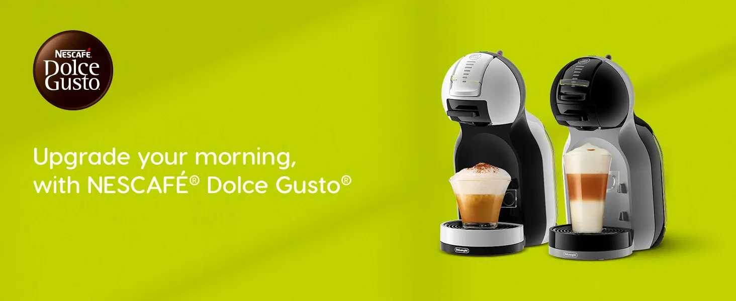 NESCAFÉ Dolce Gusto pod coffee machine shown in black and white with two café-style drinks, against a bright lime green branded background.