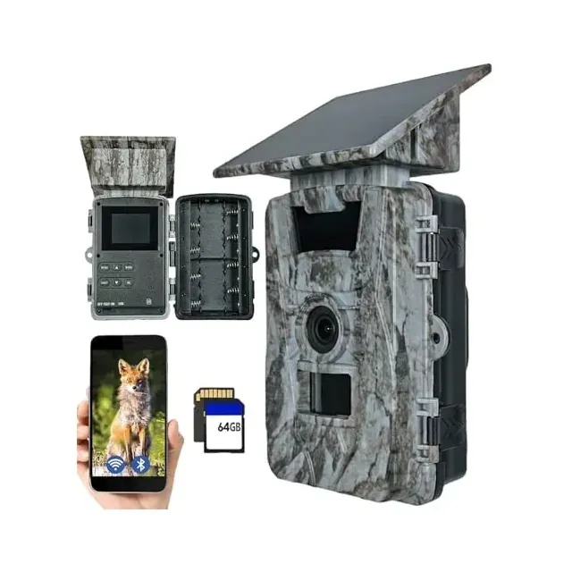 Solar WiFi wildlife camera in camo finish with front lens, solar panel, side panel view, phone app preview and 64GB memory card on white background