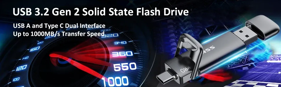 Dual-interface USB 3.2 Gen 2 solid state flash drive with USB-A and USB-C connectors shown in a speed-themed graphic.