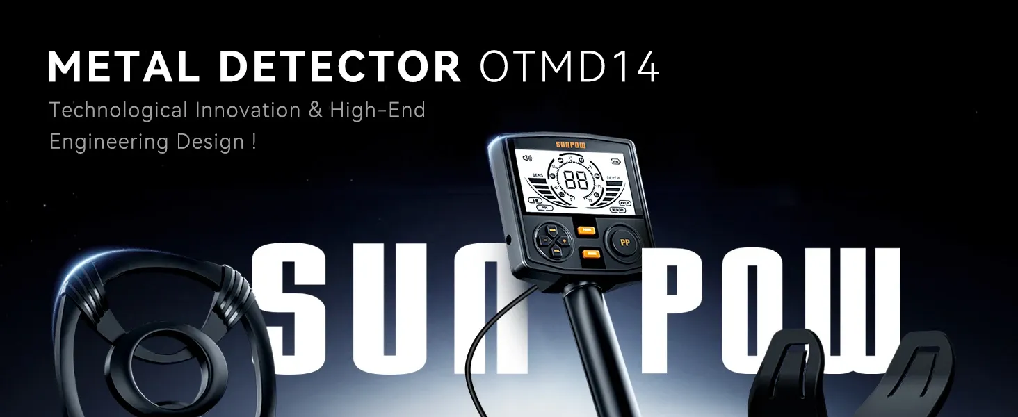 Promotional banner showing the OTMD14 metal detector with control unit and search coil on a dark background with text 'METAL DETECTOR OTMD14' and 'SUN POW'.