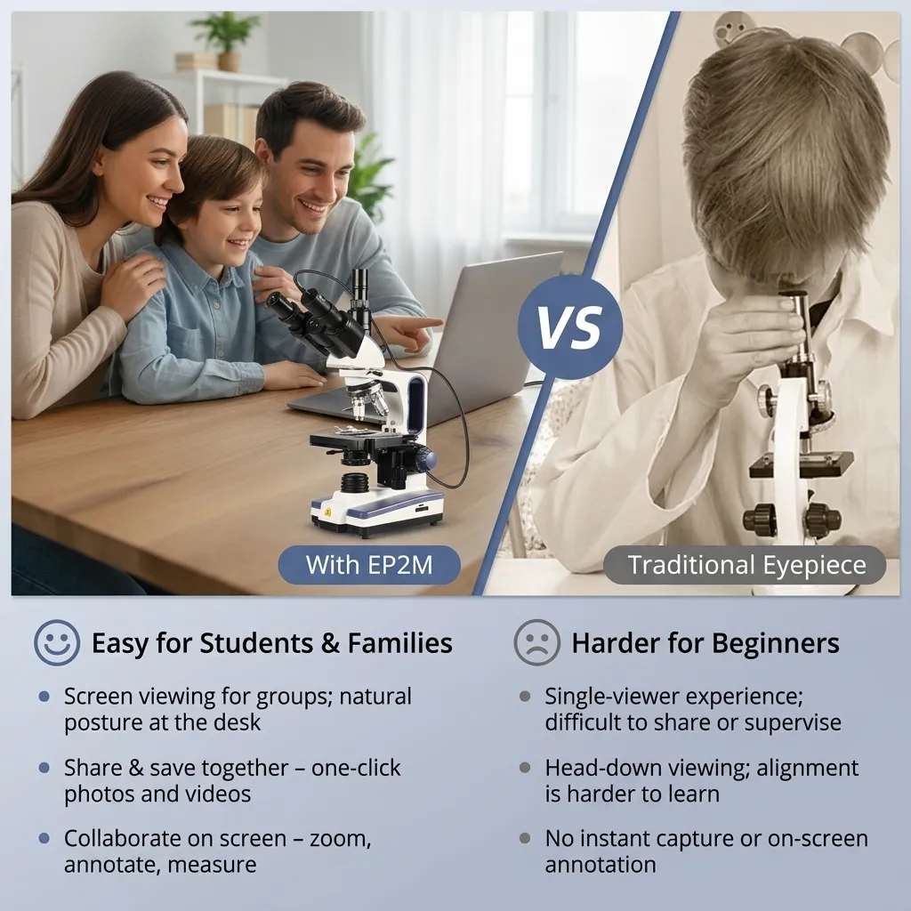 Infographic showing technical specifications and sensor resolution for microscope cameras.