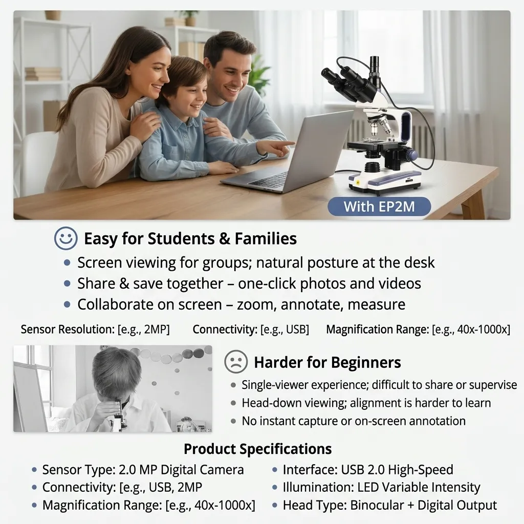 Detailed infographic comparing features and specs for the 2026 microscope camera buying guide.