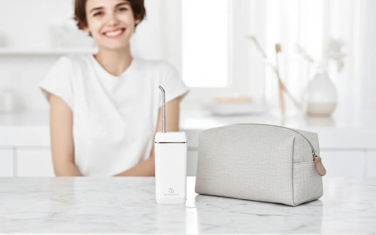 SYNHOPE water flosser showing different cleaning modes and pressure settings