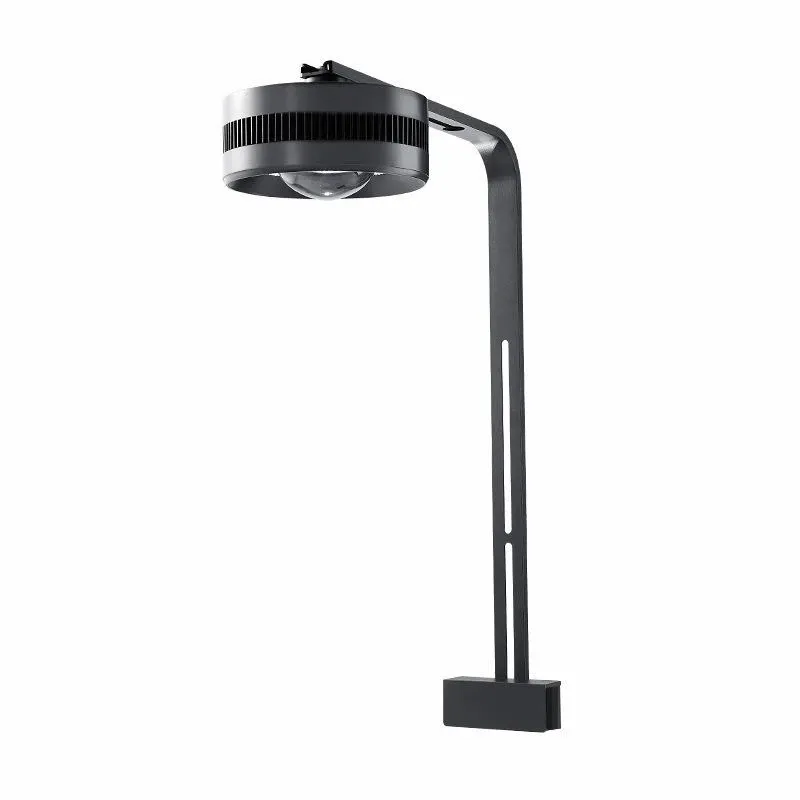 Modern black aquarium light fixture with curved mounting arm and circular lamp head on a white background