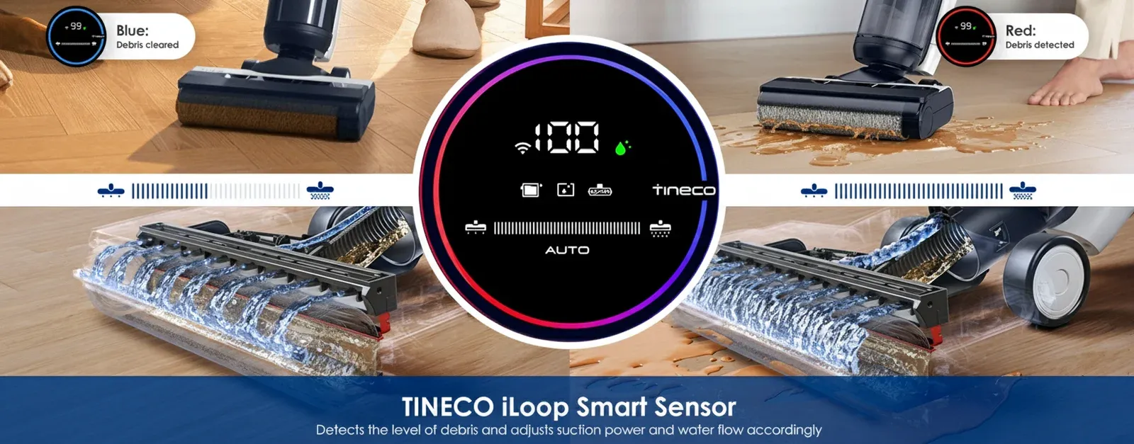Technical specification chart comparing battery life and suction power.