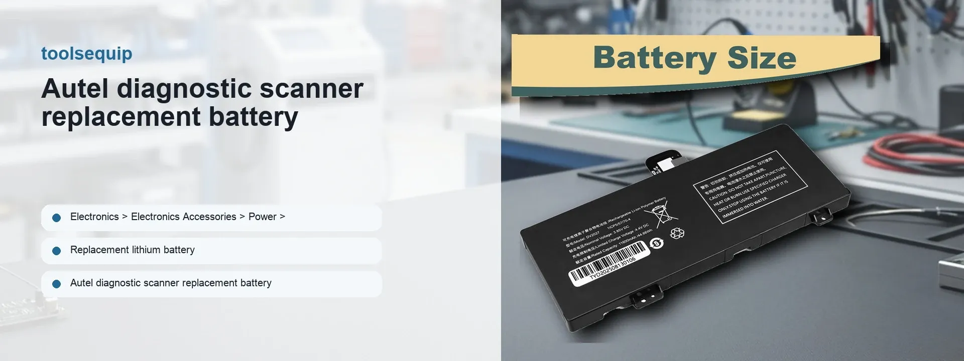 Autel diagnostic scanner replacement battery shown on a workshop bench with the battery label visible and connector tabs exposed.