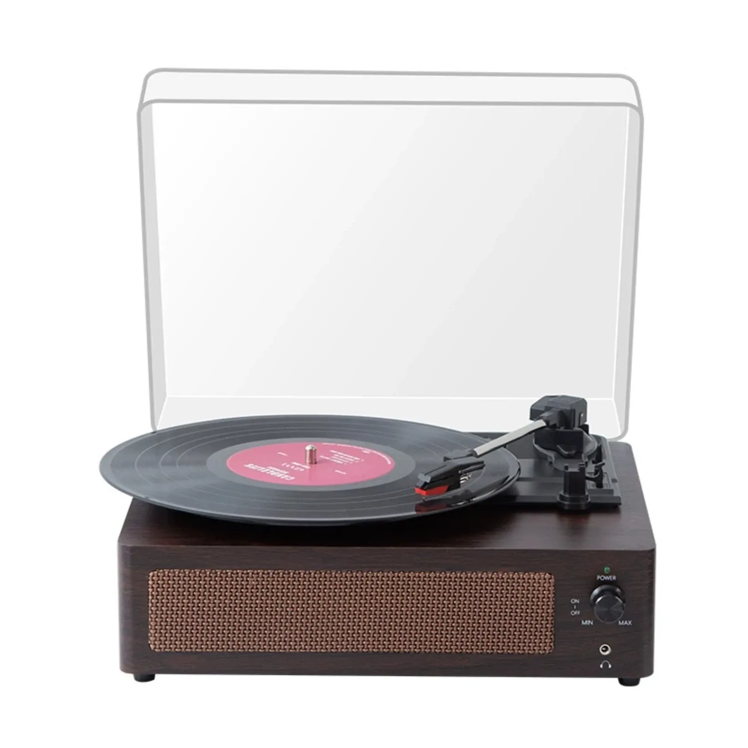 Vintage-style Bluetooth record player with built-in speaker, dark wood-effect finish, clear dust cover, and a vinyl record on the turntable.