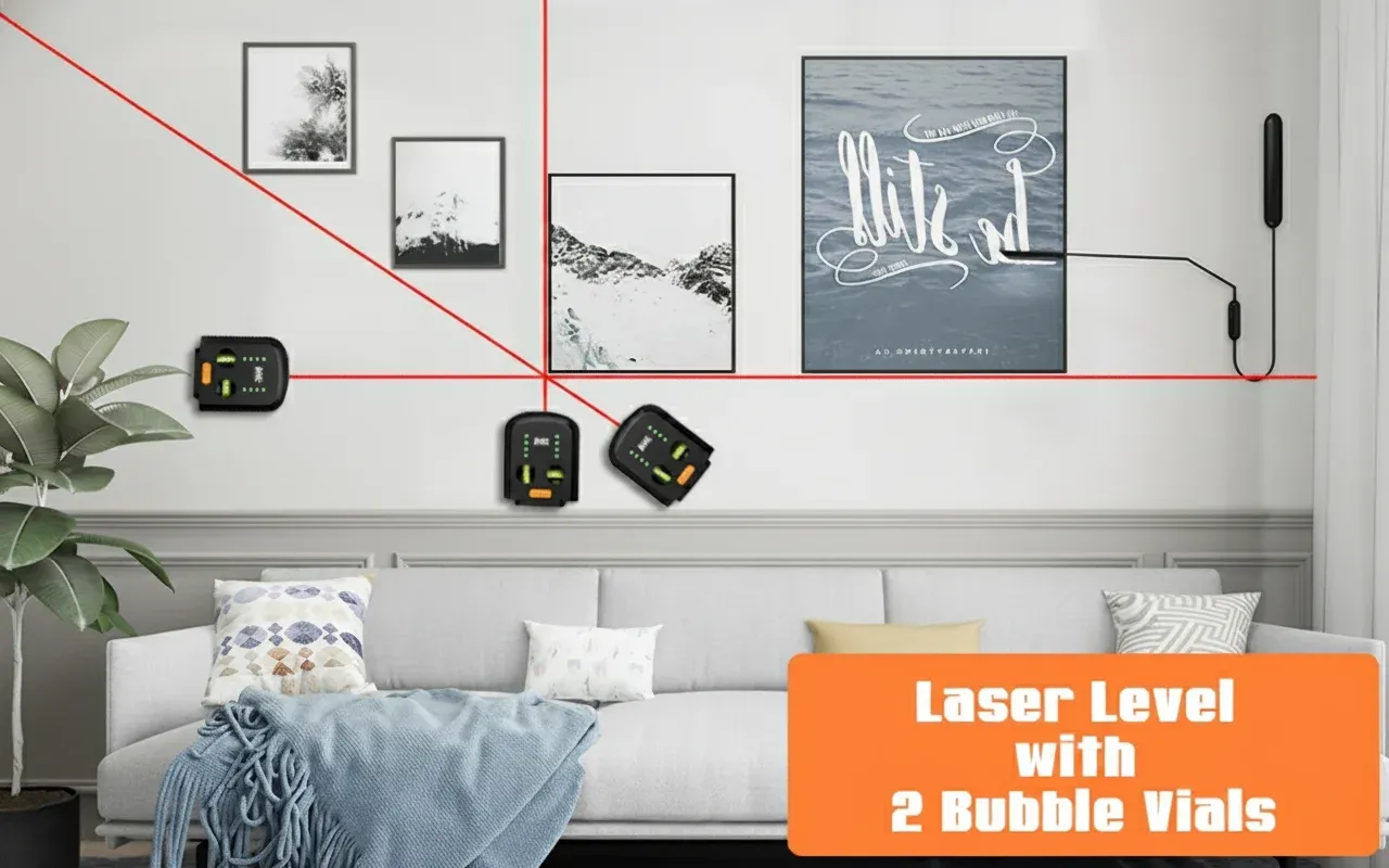 Lifestyle shot emphasizing key features of a laser level